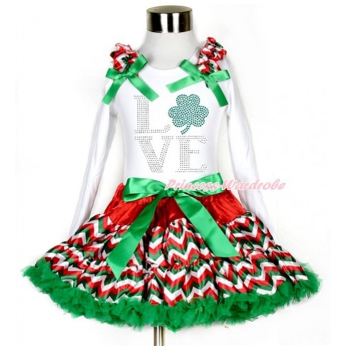 St Patrick's Day White Long Sleeve Top with Red White Green Wave Ruffles and Kelly Green Bow with Sparkle Crystal Bling Rhinestone Love Clover Print & Red White Green Wave Pettiskirt MW465 